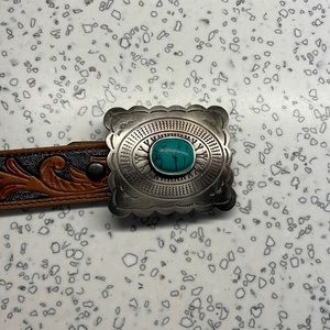 Turquoise western belt with leather tooling